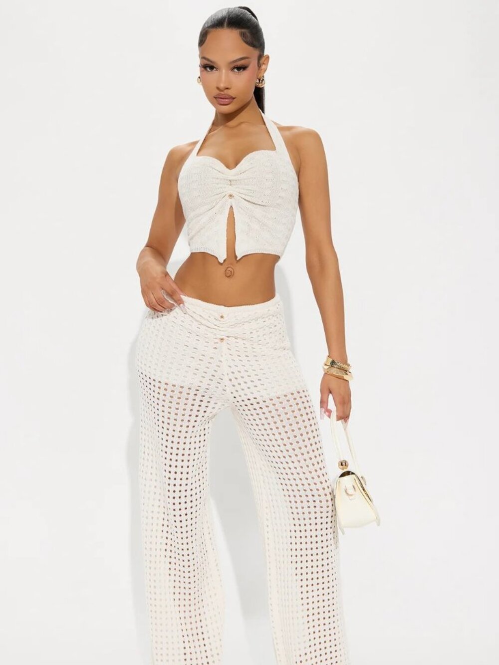 Fashion Nova Ivory Crochet 2pc Pant Set Boho Vacation - Size S NWT